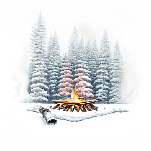 pine trees, camp fire, hawk tattoo design idea