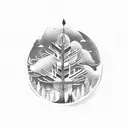 pine tree back ground with camp fire and flying hawk tattoo design idea