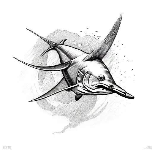 Swordfish in the sea wave. Ink black and white drawing Stock Photo - Alamy