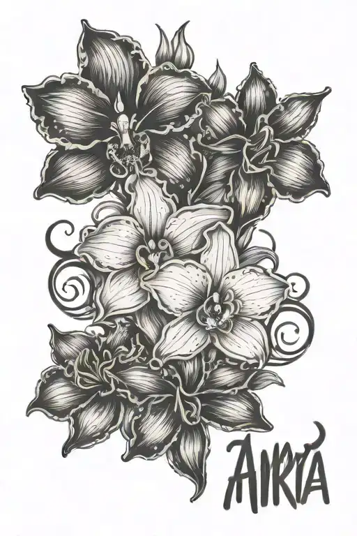 child name in cursive (Amyranni, Jairo & Yatziri) with a heart, azalea flower and a cattleya flower  tattoo design idea