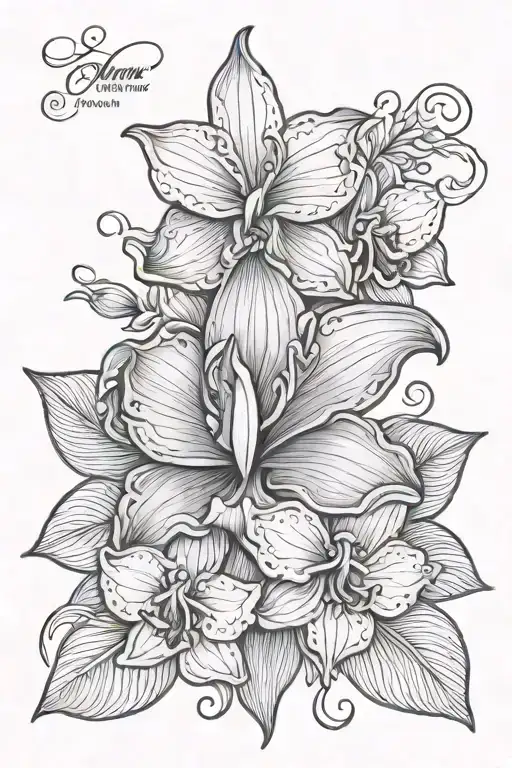 child name in cursive (Amyranni, Jairo & Yatziri) with a heart, azalea flower and a cattleya flower  tattoo design idea