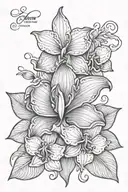 child name in cursive (Amyranni, Jairo & Yatziri) with a heart, azalea flower and a cattleya flower  tattoo design idea