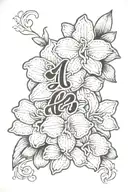child name in cursive (Amyranni, Jairo & Yatziri) with a heart, azalea flower and a cattleya flower  tattoo design idea