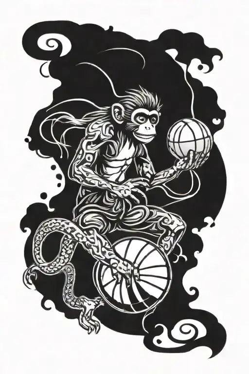 An intricate yin and yang symbol with a basketball and a monkey intertwined, representing the harmony between the client's passions and the quest for inner peace tattoo design idea