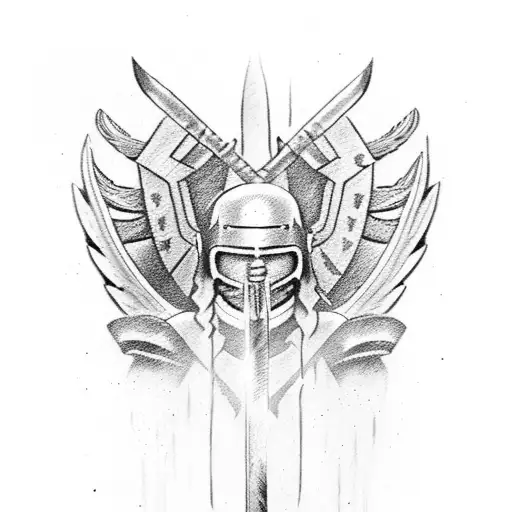 spartan with angel wings holding weapons tattoo design idea