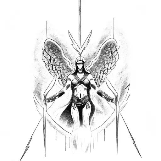 spartan with angel wings holding lightning bolts in hands tattoo design idea