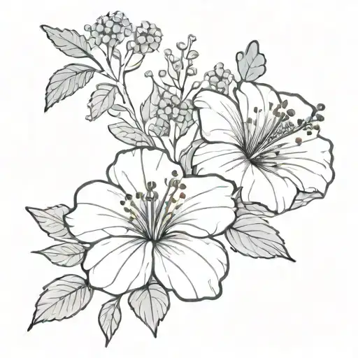 bouquet of flowers. A hibiscus, lavender stem, babys breath, chrysanthemum, a violet, a dhalia, a cornflower tattoo design idea