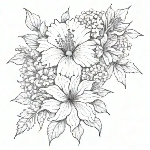 bouquet of flowers. A hibiscus, lavender stem, babys breath, chrysanthemum, a violet, a dhalia, a cornflower tattoo design idea