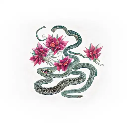 a snake beside a moth in front of a botanical background of red flowers tattoo design idea