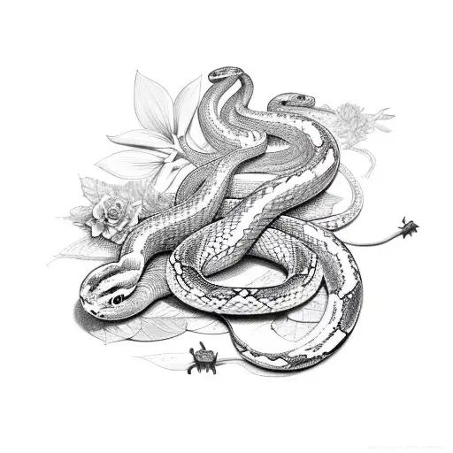 a snake beside a moth in front of a botanical background of red flowers tattoo design idea