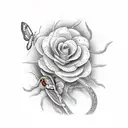 a snake beside a moth in front of a botanical background of red flowers tattoo design idea