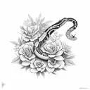 a snake beside a moth in front of a botanical background of red flowers tattoo design idea