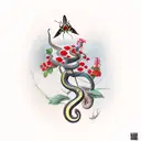 a snake beside a moth in front of a botanical background of red flowers tattoo design idea