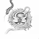 a snake beside a moth in front of a botanical background of red flowers tattoo design idea