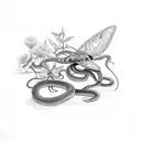 a snake beside a moth in front of a botanical background of red flowers tattoo design idea
