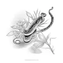 a snake beside a moth in front of a botanical background of red flowers tattoo design idea