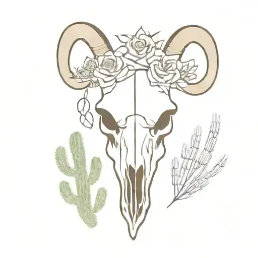 sage brush, long horn sheep skull, and cactus western vibe  tattoo design idea
