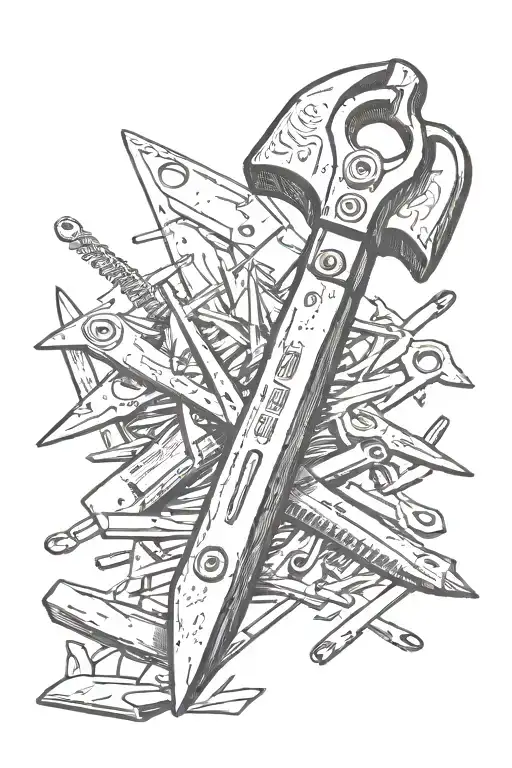 razor blade, double-edged ax sitting and scissors tattoo design idea