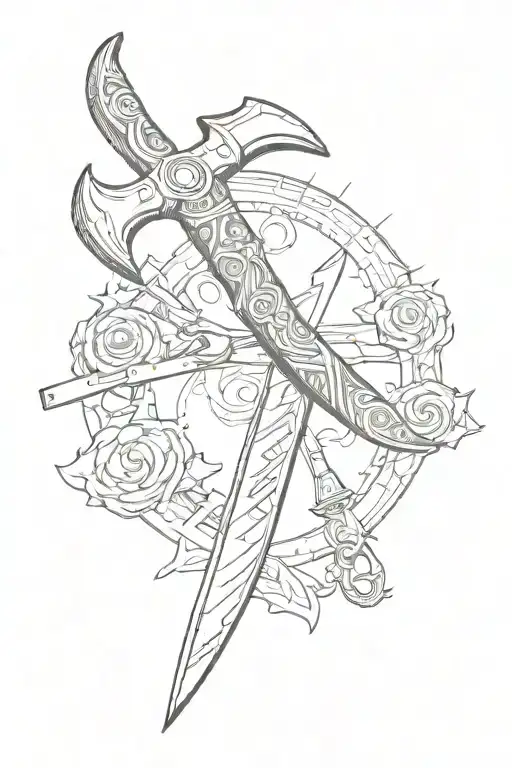 razor blade, double-edged ax and a scissors cutting tattoo design idea