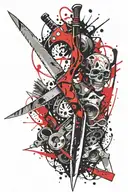 razor blade, double-edged ax sitting and scissors tattoo design idea
