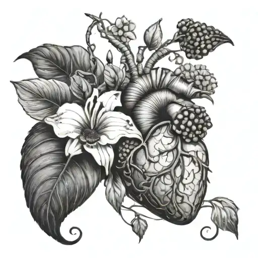 anatomical heart tattoo with blackberry vines and tigerlillies coming out of it tattoo design idea