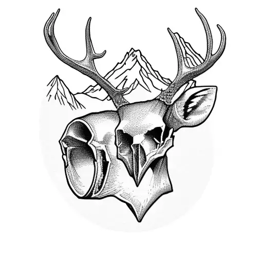 Deer skull with a mountain view  tattoo design idea