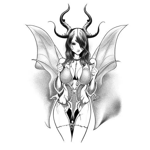 Succubus,  female, skintight dress, red eyes tattoo design idea