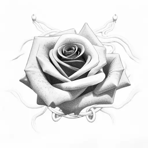 A realistic black and grey rose intertwined with an alien spaceship tattoo design idea