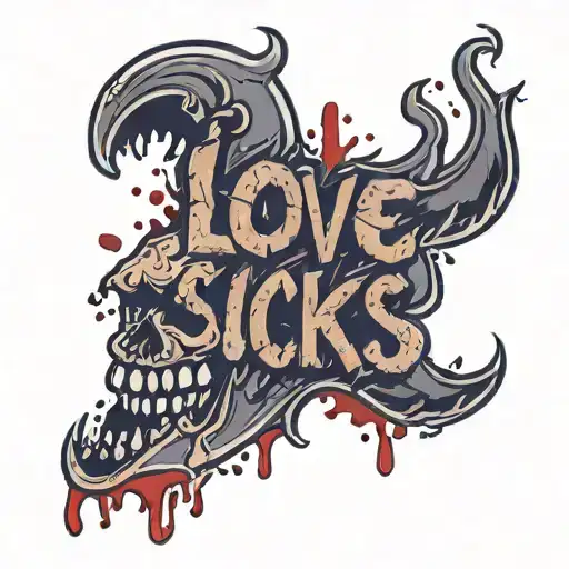 vampire bite with blood dripping into the words LOVE SUCKS tattoo design idea