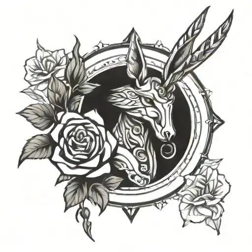 Combine the imagery of Anubis, an angel, and a rose into a blackwork tattoo design influenced by the music of One Direction tattoo design idea