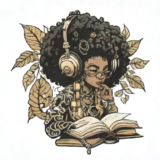 black Gaia with afro headphones looking at a book tattoo design idea