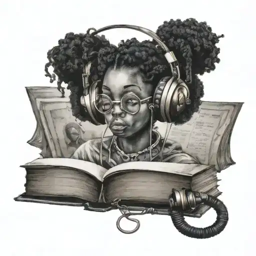 Black Gaia with afro puffs headphones looking at a book tattoo design idea