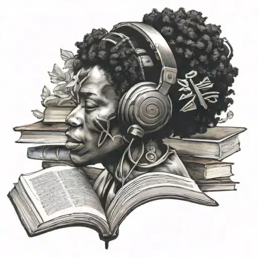 Black Gaia with afro headphones looking at a book tattoo design idea