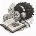 Black Gaia with afro headphones looking at a book tattoo design idea