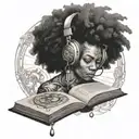 Black Gaia with afro headphones looking at a book tattoo design idea