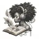 Black Gaia with afro headphones looking at a book tattoo design idea