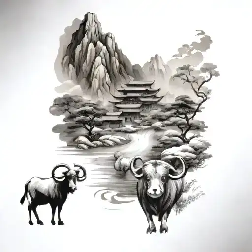 Chinese landscape tattoo featuring 2 oxens, a monkey, and a ram.  tattoo design idea