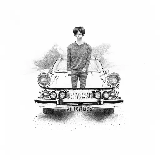 A portrait of a BTS member with a vintage car in the background tattoo design idea