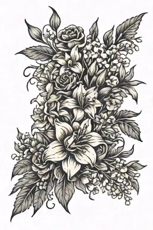 bouquet gladiolas, daffodils, aster, primrose flowers tattoo design idea