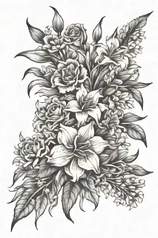bouquet gladiolas, daffodils, aster, primrose flowers tattoo design idea