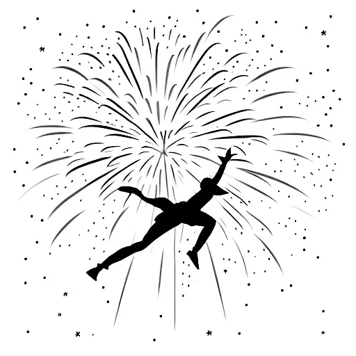 A silhouette of a person jumping into a vibrant sky filled with fireworks to celebrate New Year tattoo design idea