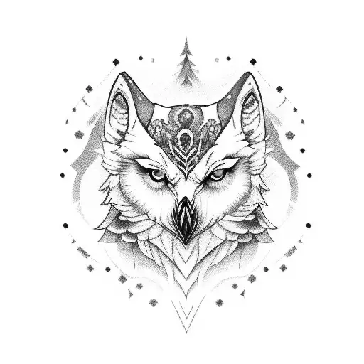 A tattoo design. From wrist to shoulder. At wrist, a white owl withblue eyes, upward a white wolf with blue eyes, upward tattoo design idea