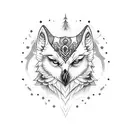 A tattoo design. From wrist to shoulder. At wrist, a white owl withblue eyes, upward a white wolf with blue eyes, upward tattoo design idea