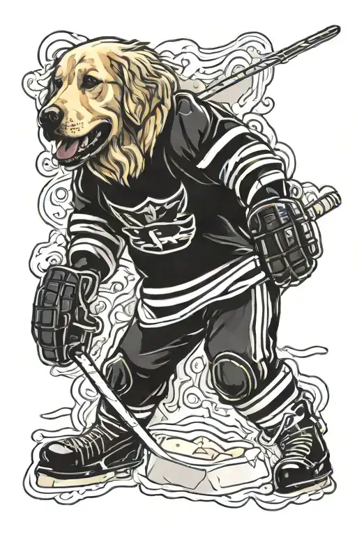 golden retriever playing ice hockey with lasagna tattoo design idea