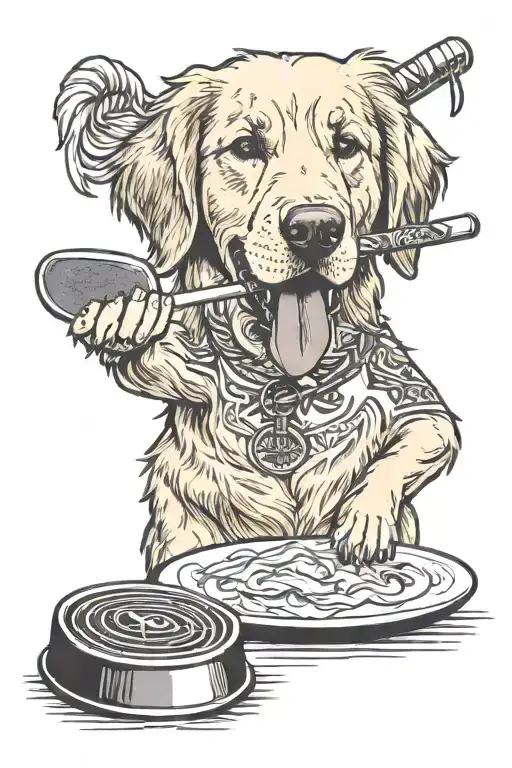 golden retriever holding ice hockey stick in its mouth with lasagna on the plate underneath  tattoo design idea