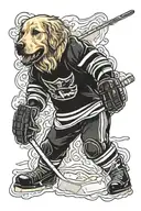 golden retriever playing ice hockey with lasagna tattoo design idea