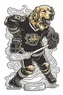 golden retriever playing ice hockey with lasagna tattoo design idea