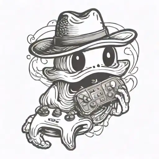 small simple cute ghost holding a game controller wearing a cowboy hat  tattoo design idea