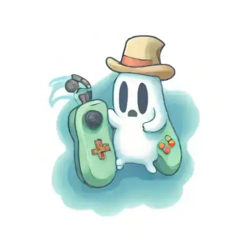 cute simple little ghost holding a game controller wearing a cowboy hat  tattoo design idea