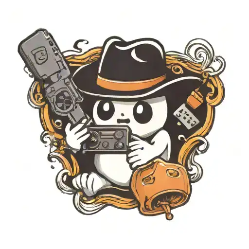 small simple cute ghost holding a game controller wearing a cowboy hat  tattoo design idea
